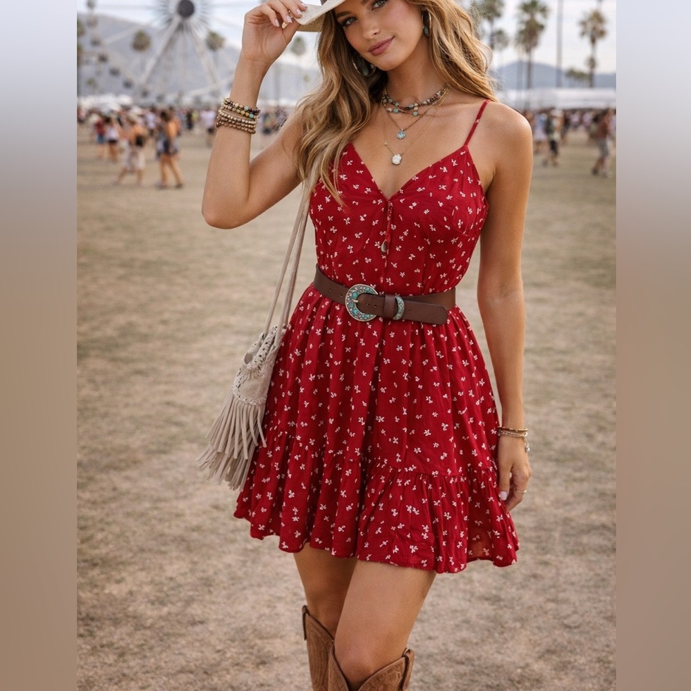 Hollister Ditsy Floral Red Ruffle Hem open tie Knott back Coast Cowgirl Dress